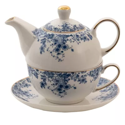 Clayre & Eef Tea for One 400 ml Blau Porzellan Blumen Teekannen Set Teeset