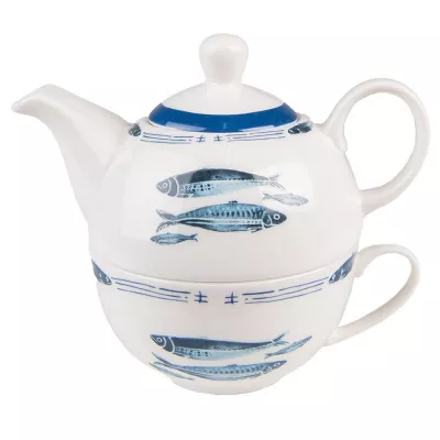 Clayre & Eef Tea for One 400 ml Weiß Blau Porzellan Fische Teekannen Set Teeset