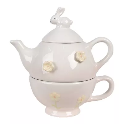 Clayre & Eef Tea for One 500 ml Rosa Keramik Kaninchen Teekanne-Set