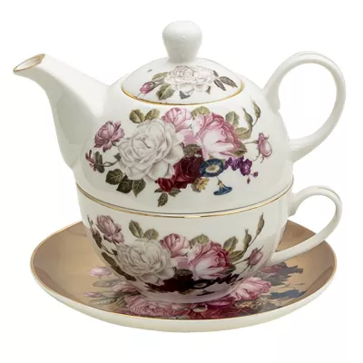 Clayre & Eef Teekannen Set 400 ml / 250 ml Weiß Braun Porzellan Blumen Rund Teeset