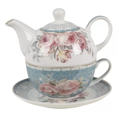 Clayre & Eef Teekannen Set 400 ml Blau Weiß Porzellan Blumen Teeset