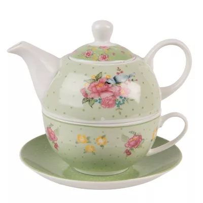Clayre & Eef Teekannen Set 460 ml Grün Beige Porzellan Blumen Teeset