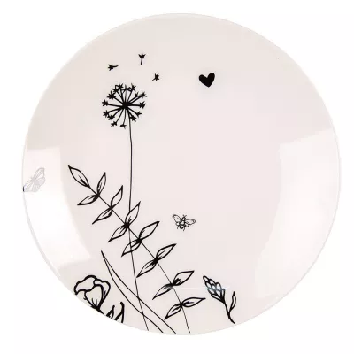 Clayre & Eef Teller Ø 20 cm Beige Schwarz Porzellan Blumen Rund