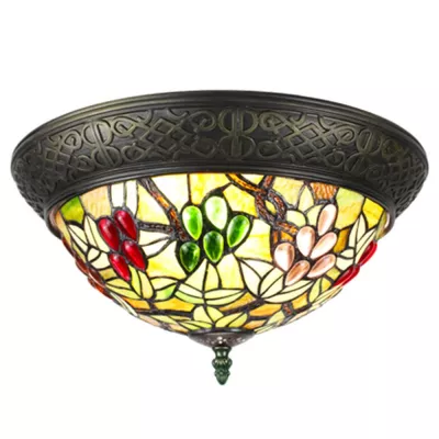 Clayre & Eef Tiffany Deckenleuchte Ø 38x20 cm  Beige Grün Kunststoff Glas Rund Deckenlampe