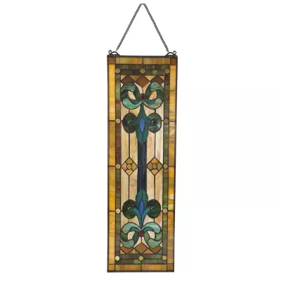 Clayre & Eef Tiffany Fensterbild 25x73 cm Gelb Blau Glas Rechteckig Glas Kunst Glasmalerei