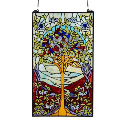 Clayre & Eef Tiffany Fensterbild 50x1x85 cm Grün Glas Baum Rechteckig Glas Kunst Glasmalerei