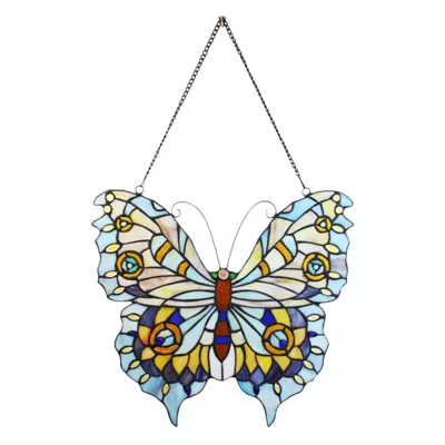 Clayre & Eef Tiffany Fensterbild Schmetterling 40x60 cm Blau Glas Glas Kunst Glasmalerei