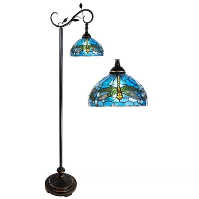 Clayre & Eef Tiffany Stehlampe 152 cm Braun Blau Kunststoff Glas Rund Stehender Lampe Glasmalerei