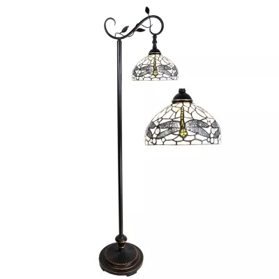 Clayre & Eef Tiffany Stehlampe 152 cm Braun Weiß Kunststoff Glas Rund Stehender Lampe Glasmalerei