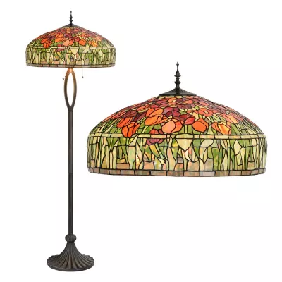 Clayre & Eef Tiffany Stehlampe Ø 56x165 cm  Grün Orange Glas Tulpen Stehender Lampe Stand Lampe