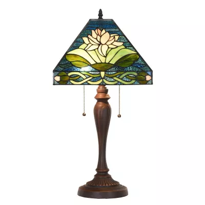 Clayre & Eef Tiffany Tischlampe 31x31x61 cm Grün Blau Glas Kunststoff Blumen Quadrat Schreibtischlampe Tiffany