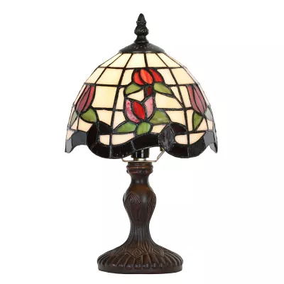 Clayre & Eef Tiffany Tischlampe Ø 18x30 cm Beige Rot Glas Kunststoff Blumen Schreibtischlampe Tiffany