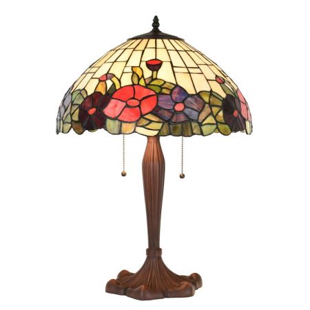 Clayre & Eef Tiffany Tischlampe Ø 42x60 cm  Beige Rot Glas Kunststoff Blumen Rund Schreibtischlampe Tiffany