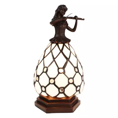 Clayre & Eef Tiffany Tischlampe Frau 25 cm Weiß Braun Kunststoff Glas Schreibtischlampe Tiffany