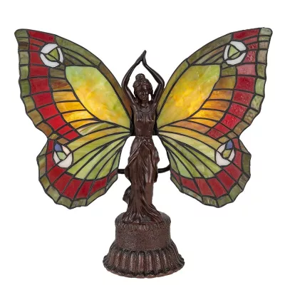 Clayre & Eef Tiffany Tischlampe Schmetterling 41x20x41 cm Rot Glas Schreibtischlampe Tiffany