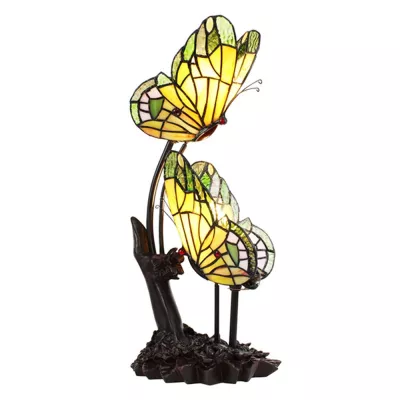 Clayre & Eef Tiffany Tischlampe Schmetterlinge 24x17x47 cm Gelb Glas Schreibtischlampe Tiffany