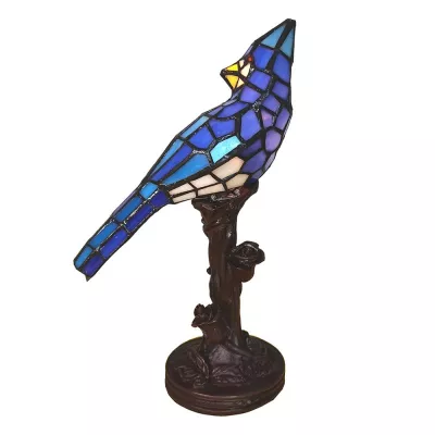 Clayre & Eef Tiffany Tischlampe Vogel 15x12x33 cm  Blau Glas Kunststoff Schreibtischlampe Tiffany