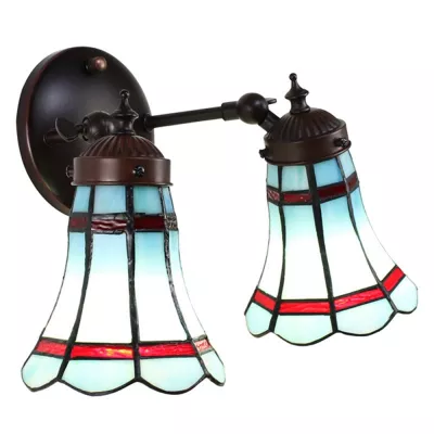 Clayre & Eef Tiffany Wandlampe 30x23x23 cm Blau Rot Glas Metall Wandleuchte Stimmungslampe