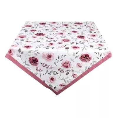 Clayre & Eef Tischdecke 130x180 cm Weiß Rosa Baumwolle Rosen Rechteckig Tischdecke Tischtuch