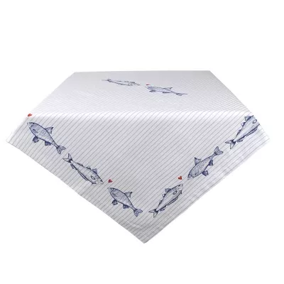 Clayre & Eef Tischdecke 150x250 cm Weiß Blau Baumwolle Fische Rechteckig Tischtuch