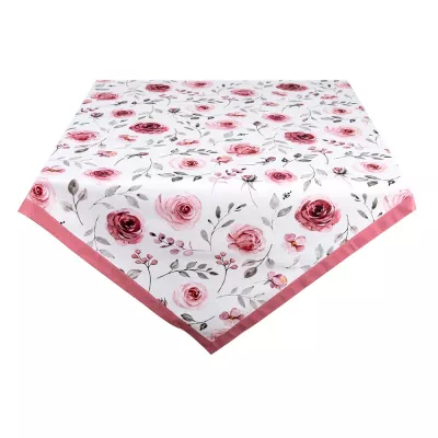 Clayre & Eef Tischdecke 150x250 cm Weiß Rosa Baumwolle Rosen Rechteckig Tischdecke Tischtuch