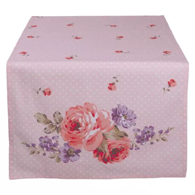 Clayre & Eef Tischdecke 50x140 cm Weiß Rosa Baumwolle Rosen Rechteckig Läufer