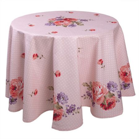 Clayre & Eef Tischdecke Ø 170 cm Rosa Lila Baumwolle Rosen Rund Tischtuch