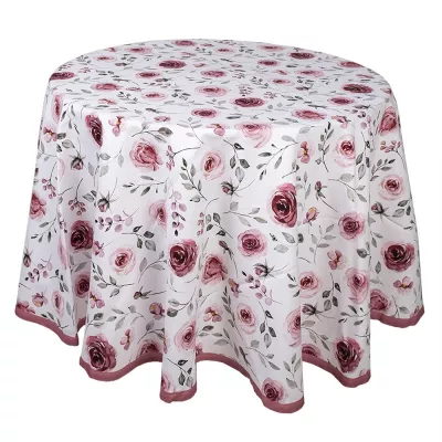 Clayre & Eef Tischdecke Ø 170 cm Weiß Rosa Baumwolle Rosen Rund Tischdecke Tischtuch