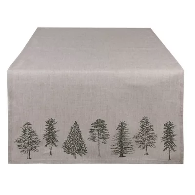 Clayre & Eef Tischläufer 50x140 cm Beige Grün Baumwolle Tannenbäume Rechteck