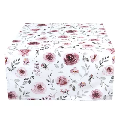 Clayre & Eef Tischläufer 50x140 cm Weiß Rosa Baumwolle Rosen Rechteckig Tischdecke Läufer