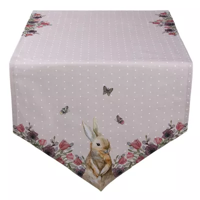 Clayre & Eef Tischläufer 50x160 cm Beige Rosa Baumwolle Kaninchen Blumen Tischdecke