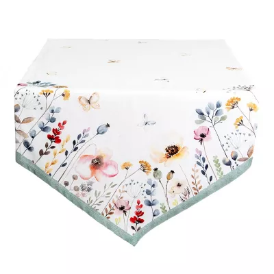 Clayre & Eef Tischläufer 50x160 cm Weiß Rosa Baumwolle Blumen Rechteckig Tischdecke Läufer