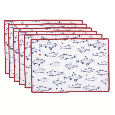 Clayre & Eef Tischsets 6er Set 48x33 cm Weiß Blau Baumwolle Fische Rechteckig