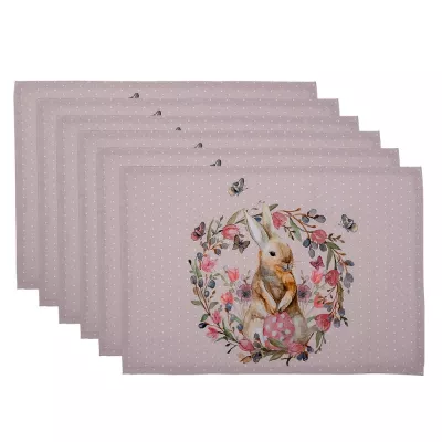 Clayre & Eef Tischsets 6er Set 48x33 cm Weiß Rosa Baumwolle Kaninchen Blumen Rechteck Platzdeckchen