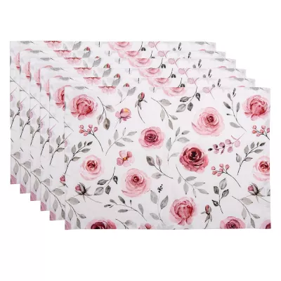 Clayre & Eef Tischsets 6er Set 48x33 cm Weiß Rosa Baumwolle Rosen Rechteckig