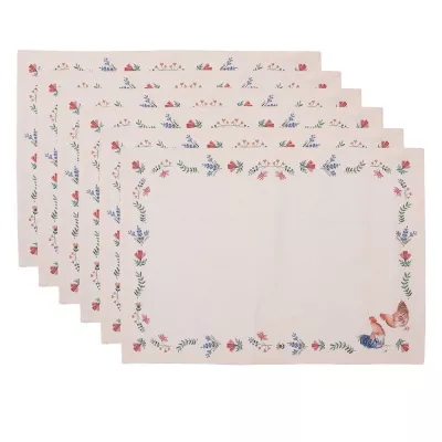 Clayre & Eef Tischsets 6er Set 50x35 cm Beige Blau Baumwolle Huhn und Hahn Rechteckig