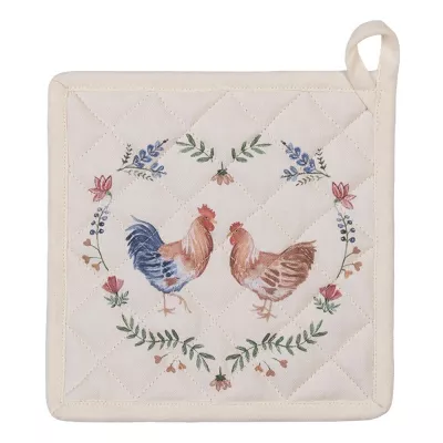 Clayre & Eef Topflappen 20x20 cm Beige Blau Baumwolle Huhn und Hahn Quadratisch Ofenhandschuhe Gießhilfsmittel