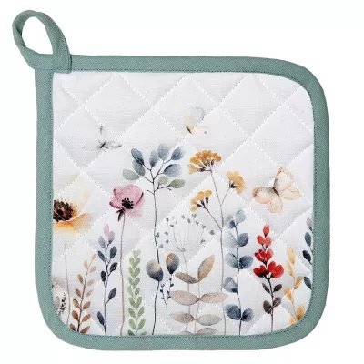 Clayre & Eef Topflappen 20x20 cm Weiß Grün Baumwolle Blumen Quadratisch Ofenhandschuhe