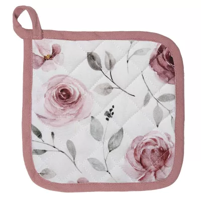 Clayre & Eef Topflappen 20x20 cm Weiß Rosa Baumwolle Rosen Quadratisch Ofenhandschuhe