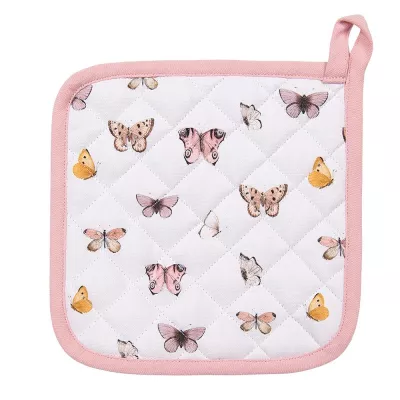 Clayre & Eef Topflappen Kinder 16x16 cm Beige Rosa Baumwolle Schmetterlinge Gießhilfsmittel Topflappen