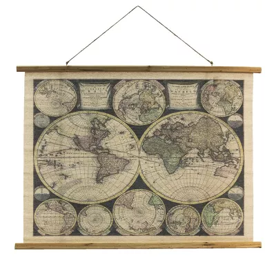 Clayre & Eef Wanddekoration 100x76 cm Beige Braun Holz Textil Weltkarte Rechteckig Wandobjekt