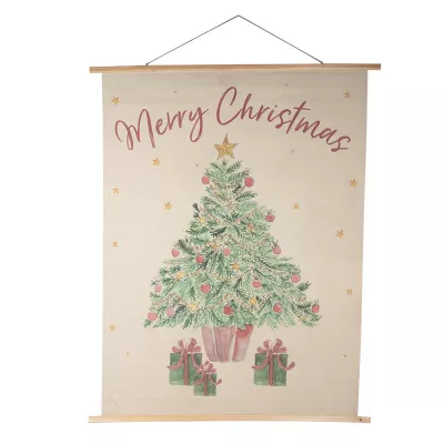 Clayre & Eef Wanddekoration 120x150 cm Beige Grün Holz Textil Weihnachtsbaum Rechteckig Wandobjekt