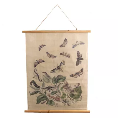 Clayre & Eef Wanddekoration 80x100 cm Beige Holz Textil Schmetterlinge Rechteckig Wandobjekt