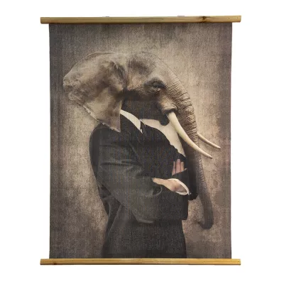 Clayre & Eef Wanddekoration 80x100 cm Schwarz Grau Holz Textil Elefant Rechteckig Wandobjekt