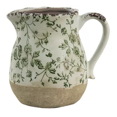 Clayre & Eef Wasserkanne 1100 ml Grün Weiß Keramik Blätter Deko Accessoires