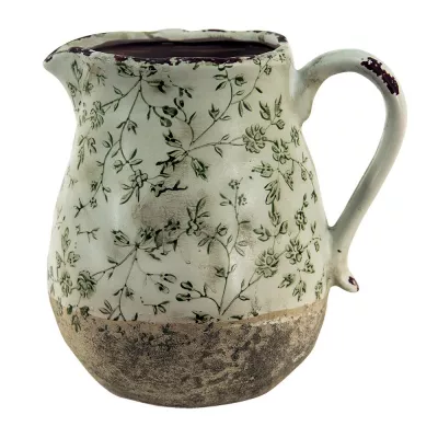 Clayre & Eef Wasserkanne 2300 ml Grün Weiß Keramik Blätter Deko Accessoires