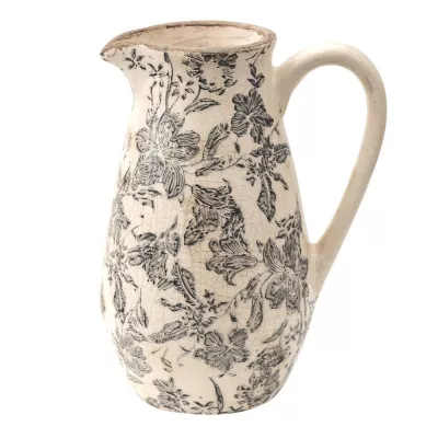 Clayre & Eef Wasserkrug 1300 ml Grau Beige Keramik Blumen Wasserkanne Deko Accessoires