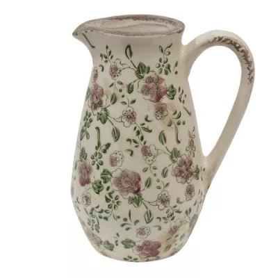 Clayre & Eef Wasserkrug 1300 ml Rosa Beige Keramik Blumen Wasserkanne Deko Accessoires
