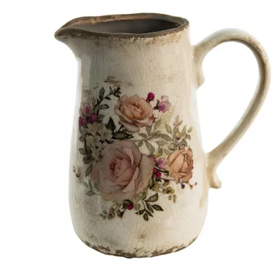 Clayre & Eef Wasserkrug 1500 ml Rosa Beige Keramik Blumen Wasserkanne Deko Accessoires