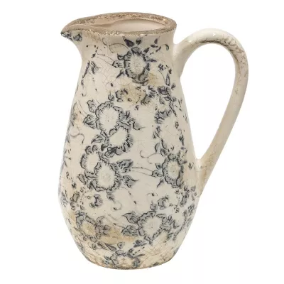 Clayre & Eef Wasserkrug 16x12x22 cm Grau Beige Keramik Blumen Wasserkanne Deko Accessoires